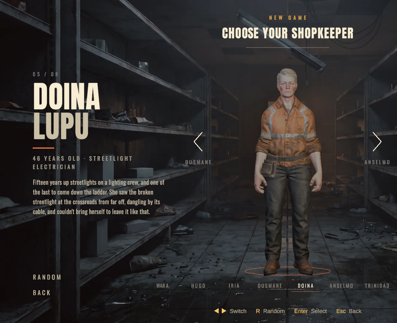 The “Choose your shopkeeper” screen, showing Doina Lupu