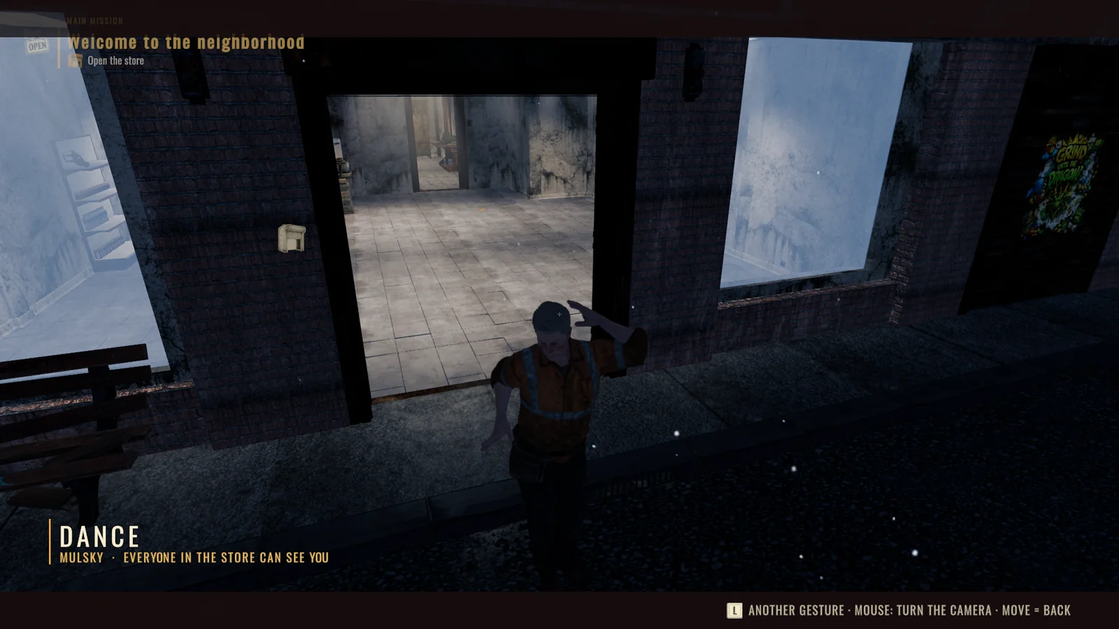 Doina dancing at the store's front door, seen in third person