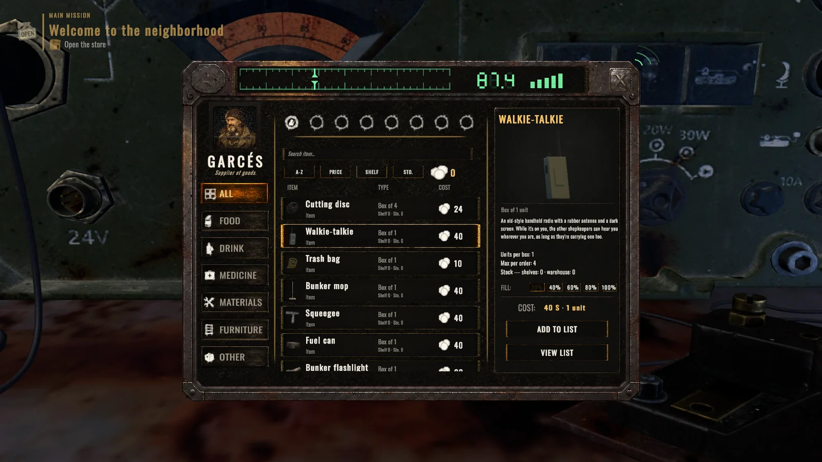 Garcés's order menu, with the walkie-talkie selected