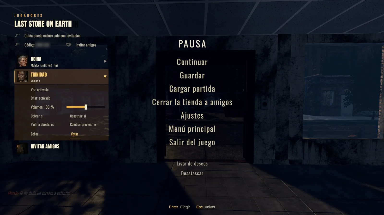 El menú de pausa con la lista de jugadores y los permisos de uno de ellos