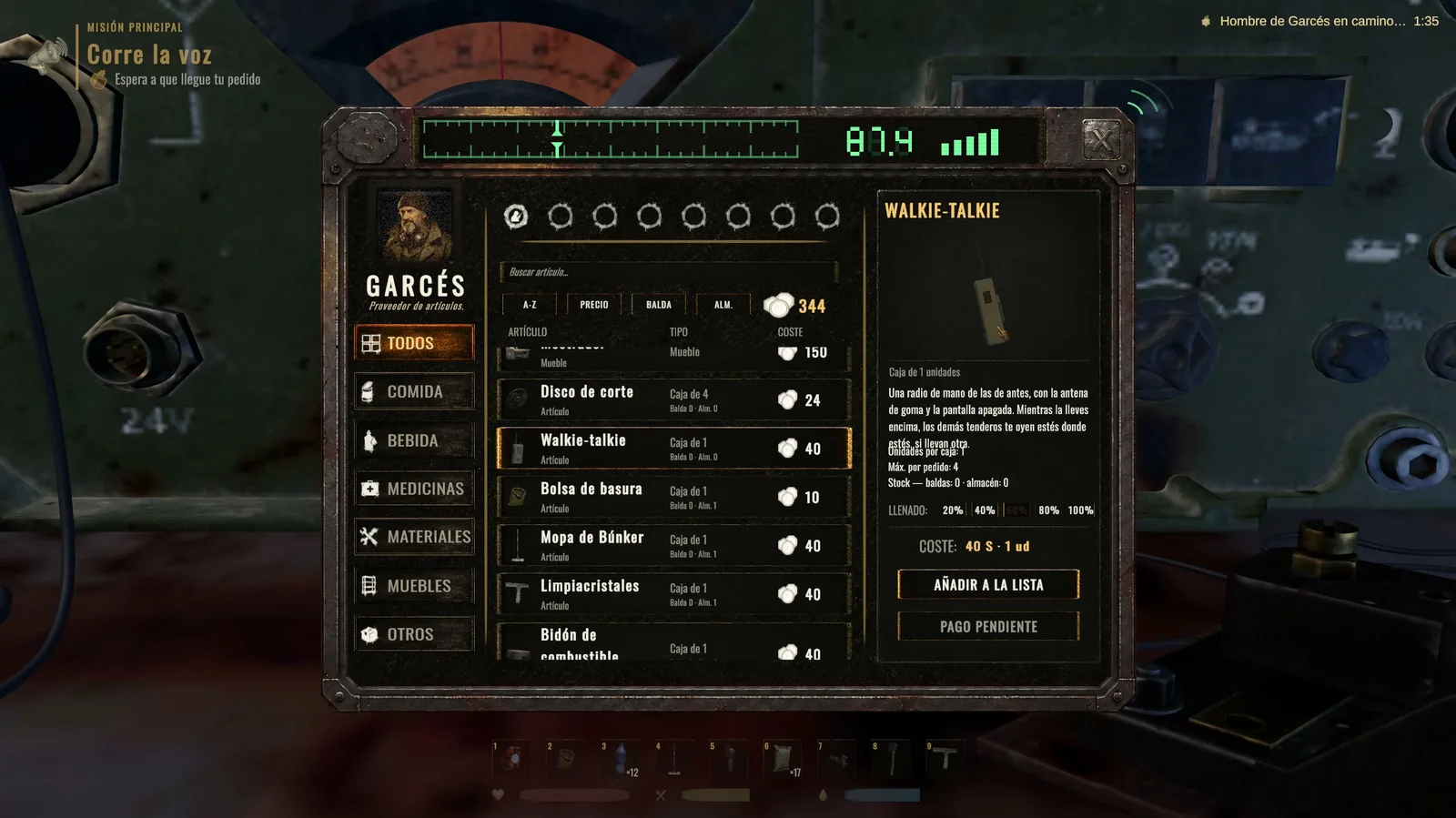 El menú de pedidos de Garcés, con el walkie-talkie seleccionado